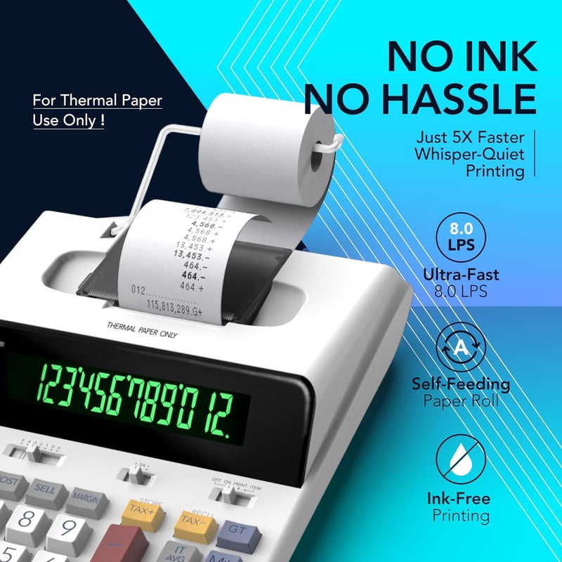 CATIGA 12 Digit Thermal Printing Calculator with Tape Print Out, Ink-Free Adding Machine, 3X Faster Quite at 8.0 LPS, Extra Large Fluorescent Display, Tax Calculation with Clock and Calendar, SP-2401 - Image 2